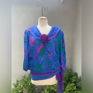 Vintage 80s blouse top tie side floral blue green pink XL Assorti by Susan Freis